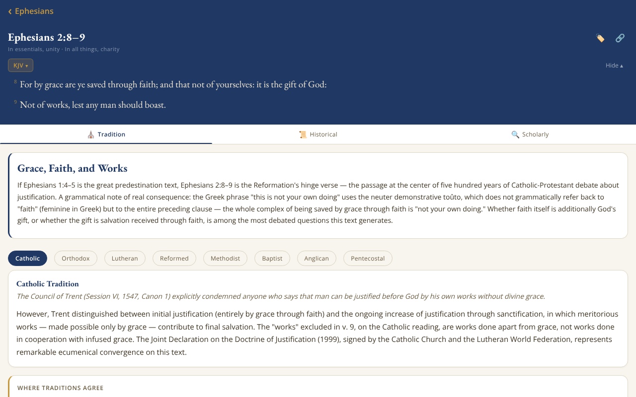 Desktop screenshot of the Bible study app showing Ephesians 2:8–9 with the Tradition tab selected: an explanation titled 'Grace, Faith, and Works', a row of tradition buttons, and the Catholic tradition's reading beneath.
